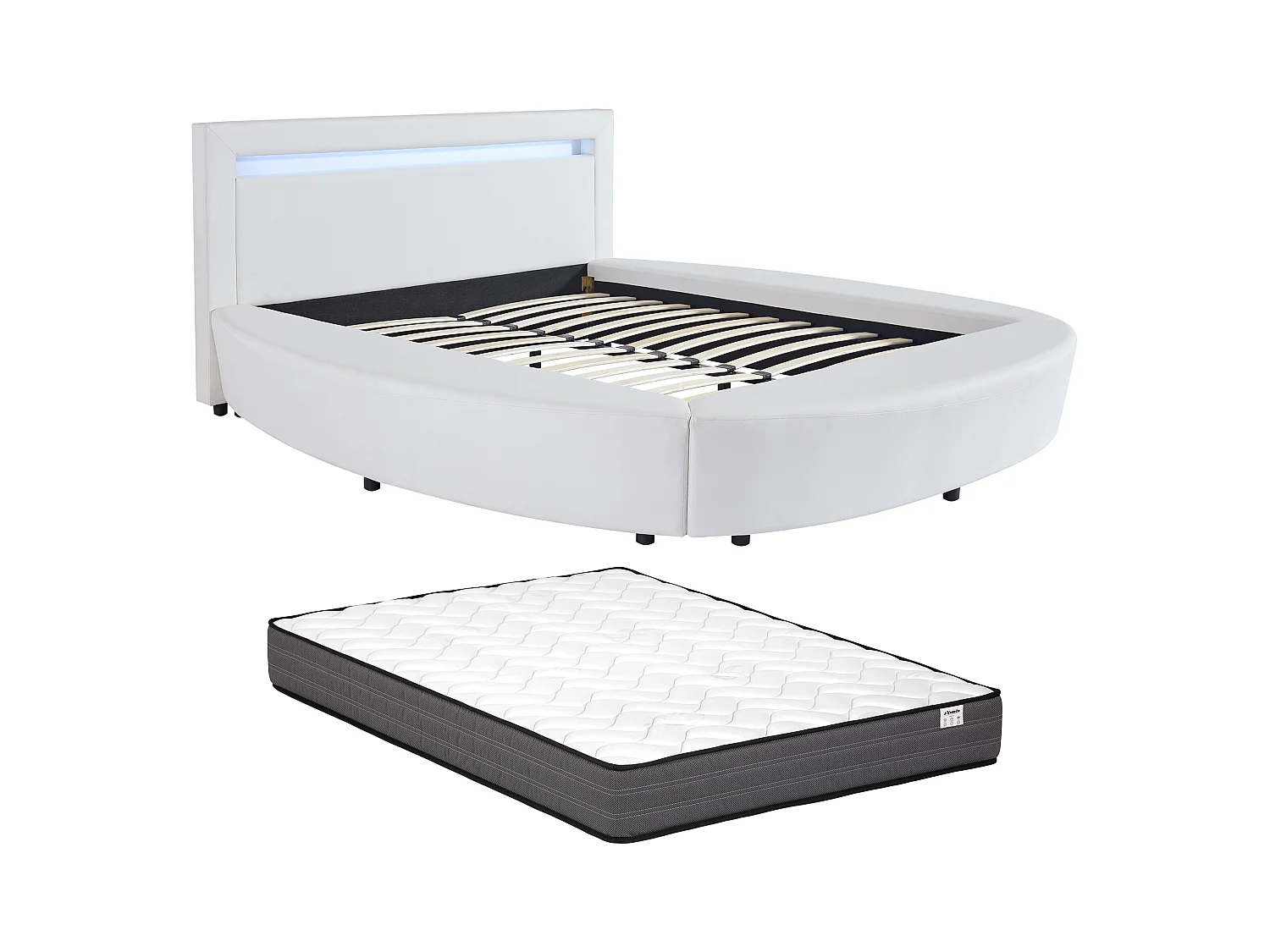 Lit rond 180 x 200 cm - Avec LEDs - Simili - Blanc + Matelas - ABULIS III