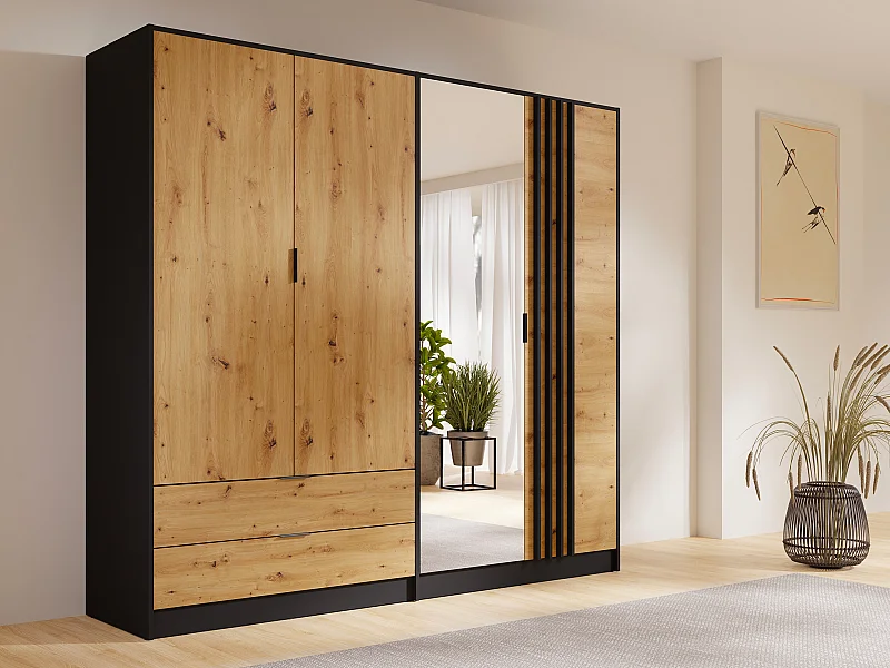 Armoire 4 portes et 2 tiroirs - Avec miroir - L220 cm - Coloris : Noir et naturel - TUNALO