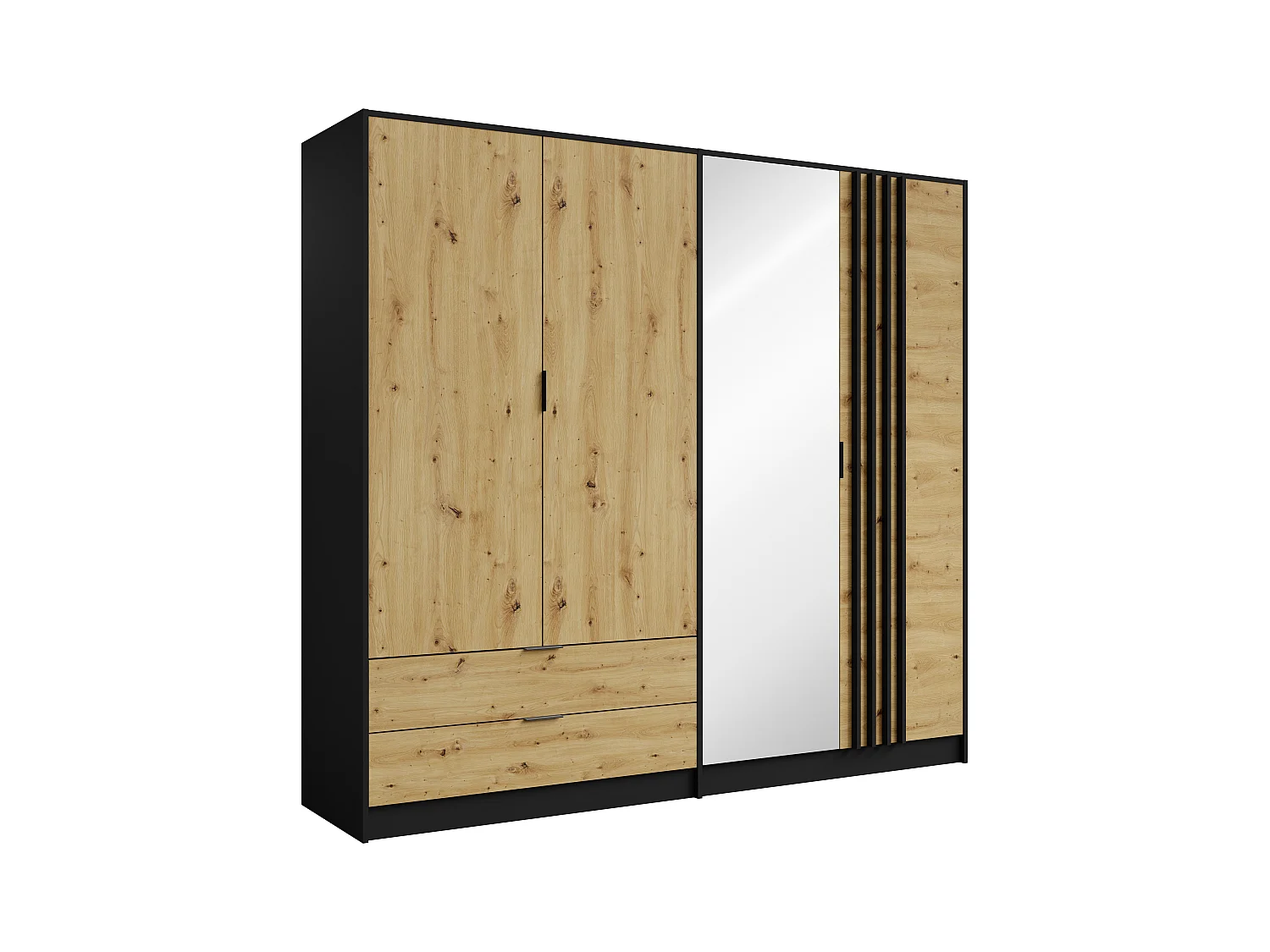 Armoire 4 portes et 2 tiroirs - Avec miroir - L220 cm - Coloris : Noir et naturel - TUNALO