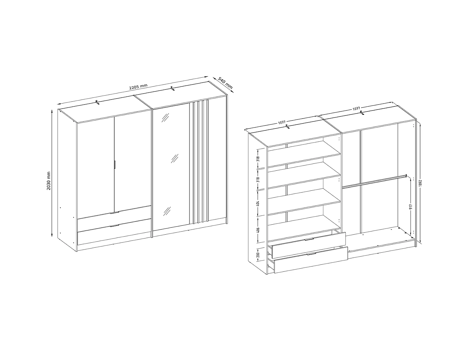 Armoire 4 portes et 2 tiroirs - Avec miroir - L220 cm - Coloris : Noir et naturel - TUNALO