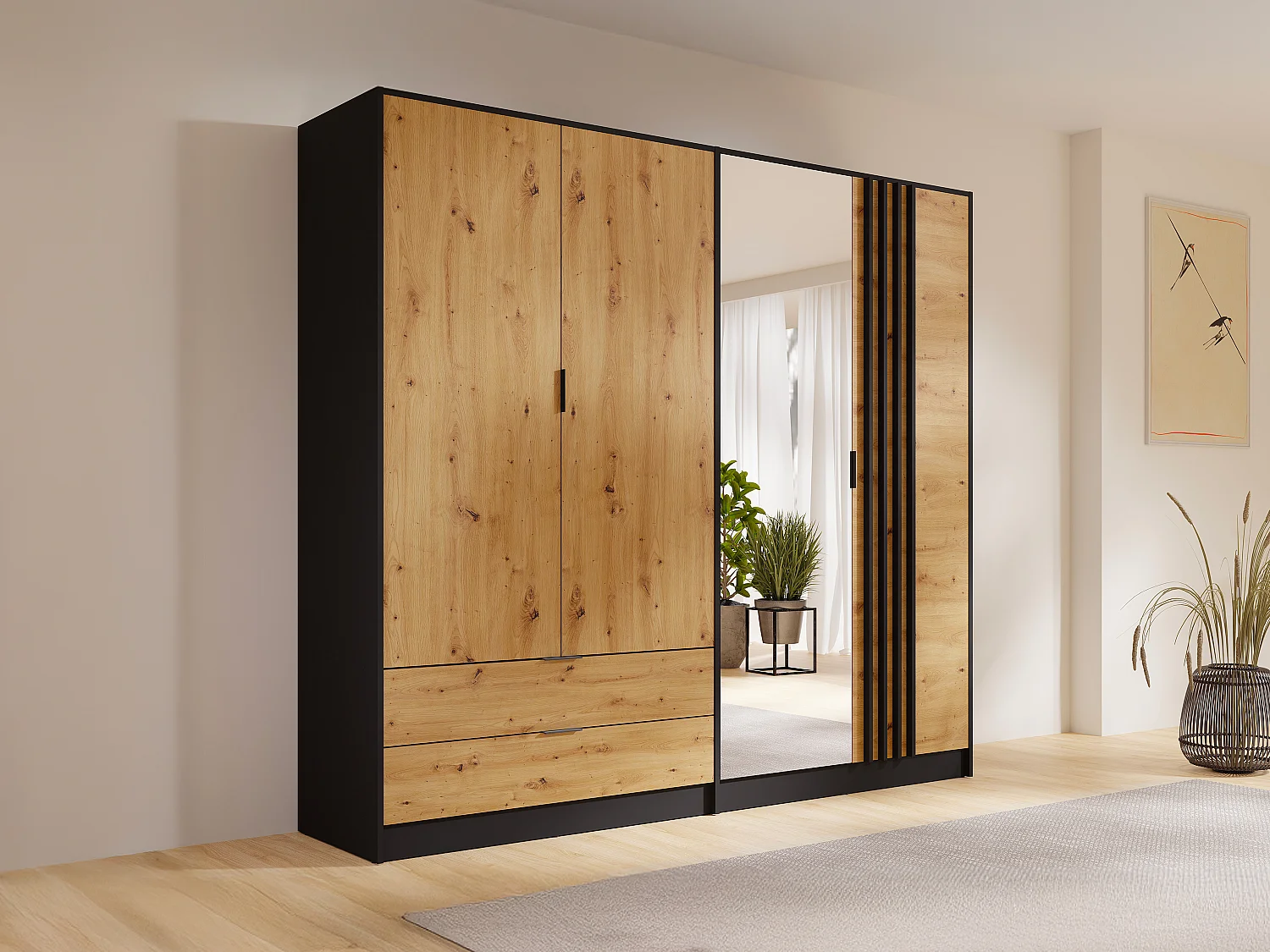 Armoire 4 portes et 2 tiroirs - Avec miroir - L220 cm - Coloris : Noir et naturel - TUNALO