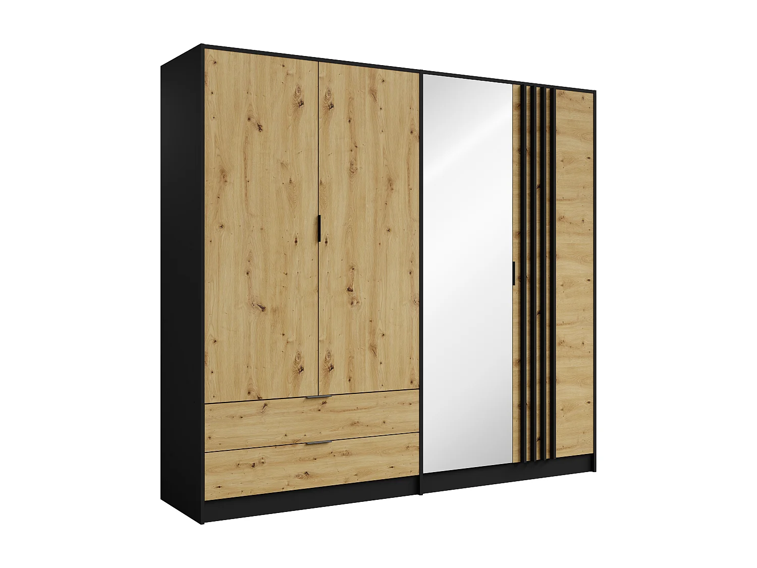 Armoire 4 portes et 2 tiroirs - Avec miroir - L220 cm - Coloris : Noir et naturel - TUNALO