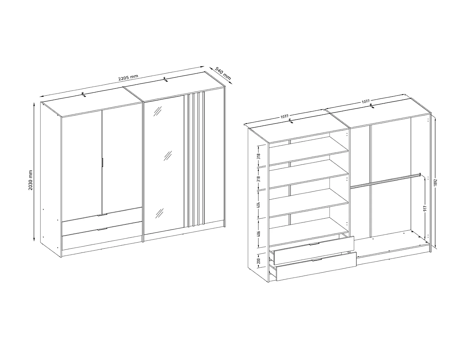 Armoire 4 portes et 2 tiroirs - Avec miroir - L220 cm - Coloris : Noir et naturel - TUNALO