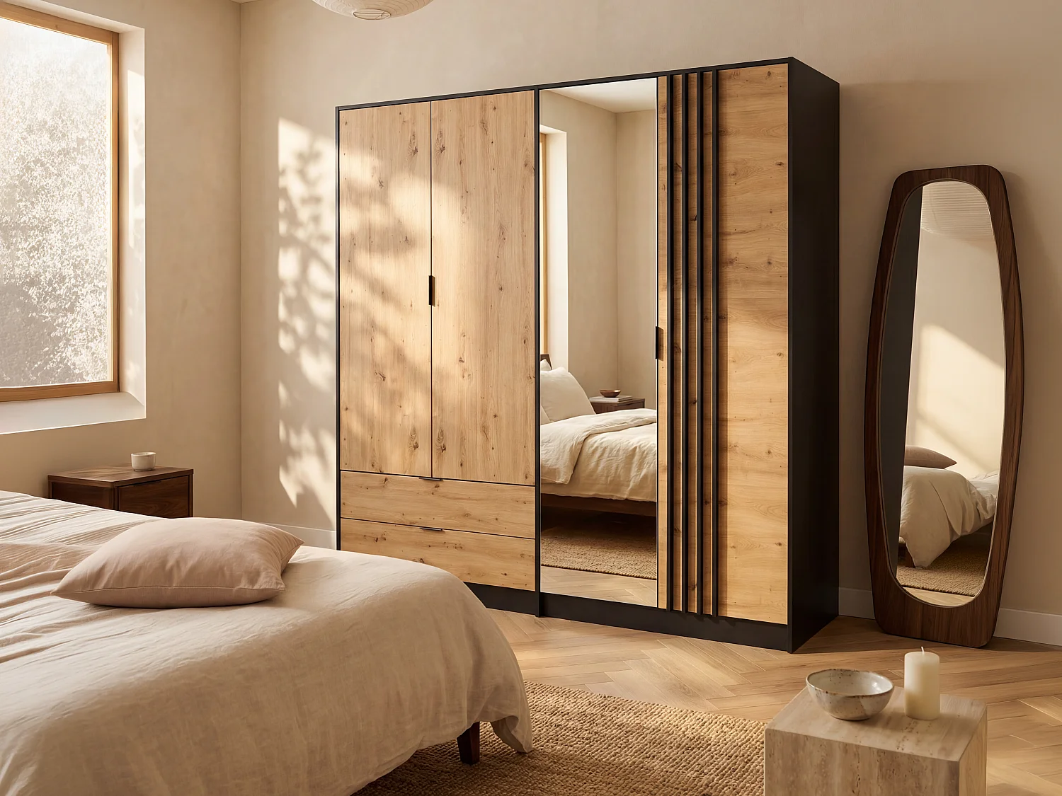 Armoire 4 portes et 2 tiroirs - Avec miroir - L220 cm - Noir et naturel - TUNALO