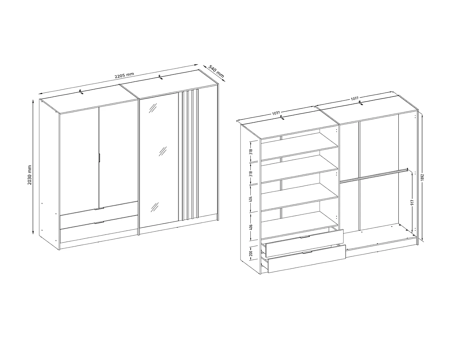 Kleiderschrank mit 4 Türen & 2 Schubladen - Mit Spiegel - 220 cm - Schwarz & Holzfarben - TUNALO