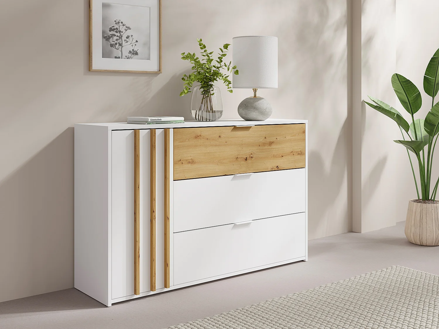 Commode 3 tiroirs et 1 porte - Coloris : Naturel et blanc - TUNALO