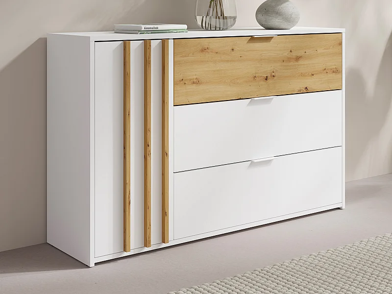Commode 3 tiroirs et 1 porte - Coloris : Naturel et blanc - TUNALO