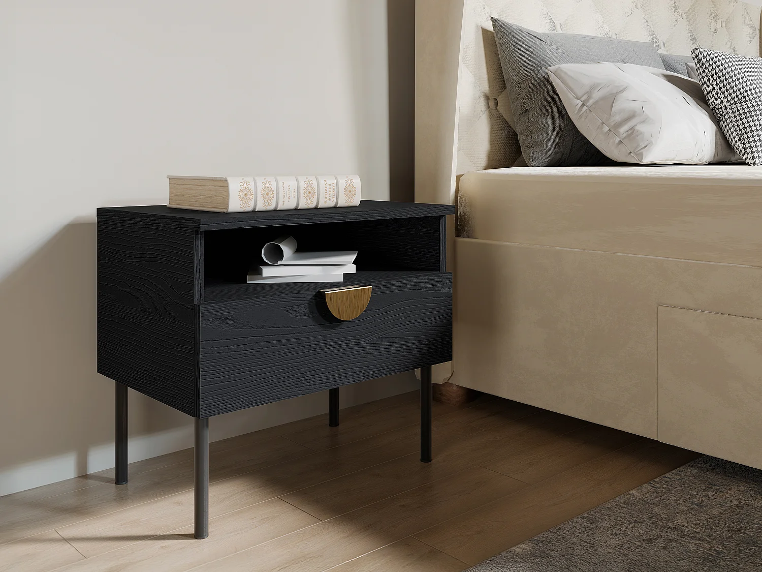 Lot de 2 tables de chevet avec 1 tiroir - Coloris : Noir et doré - NATANIEL