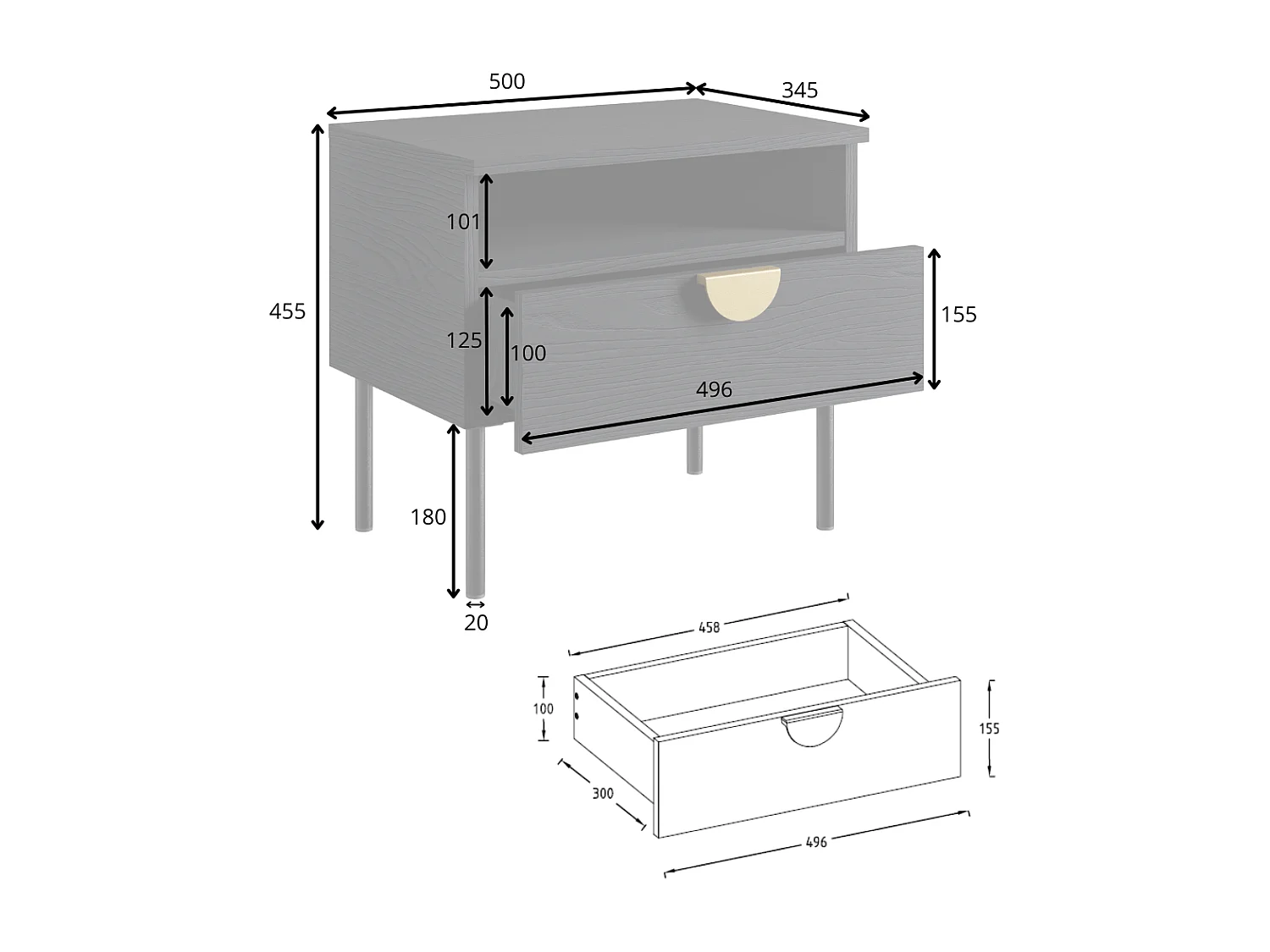 Sängbord 2-pack med 1 låda - Färg: Svart och guld - NATANIEL