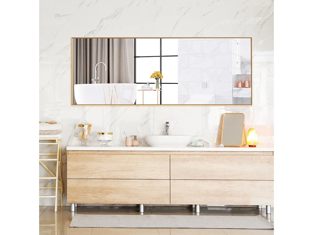 Miroir Mural avec cadre aluminium 150x4x56cm, HD Miroir en verre antidéflagrant, Miroir en Pleine Longueur pour Installation Horizontale ou Verticale, pour salle de bain, chambre, salon (Doré)