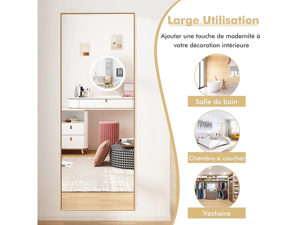 Miroir Mural avec cadre aluminium 150x4x56cm, HD Miroir en verre antidéflagrant, Miroir en Pleine Longueur pour Installation Horizontale ou Verticale, pour salle de bain, chambre, salon (Doré)
