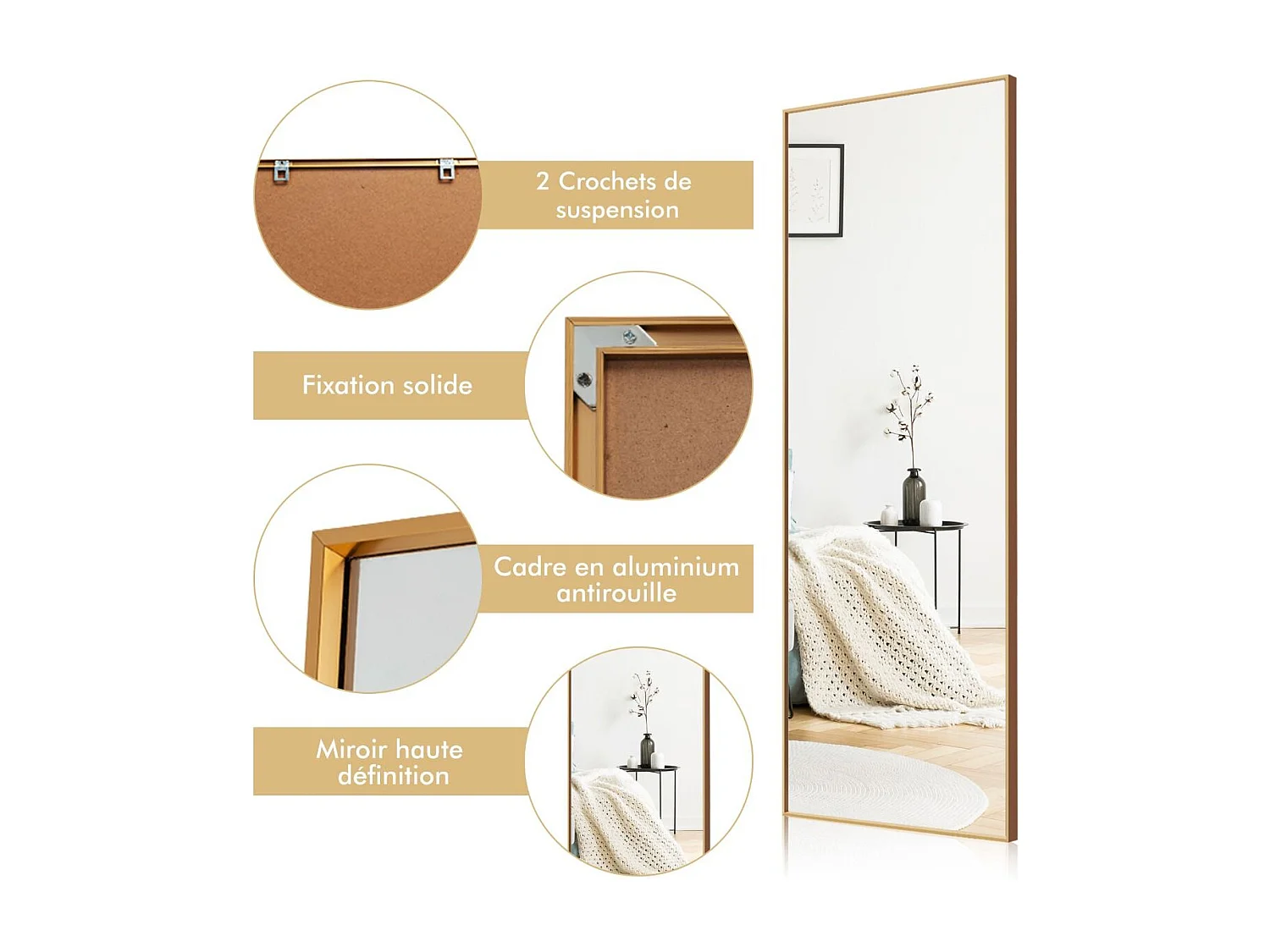 Miroir Mural avec cadre aluminium 150x4x56cm, HD Miroir en verre antidéflagrant, Miroir en Pleine Longueur pour Installation Horizontale ou Verticale, pour salle de bain, chambre, salon (Doré)