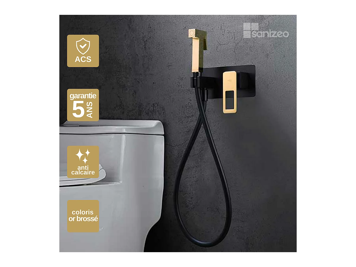 Kit Douchette hygiénique À ENCASTRER,  WC ou Bidet Salle de Bain Noir et Or SUECIA BDC032-5/NGOLD