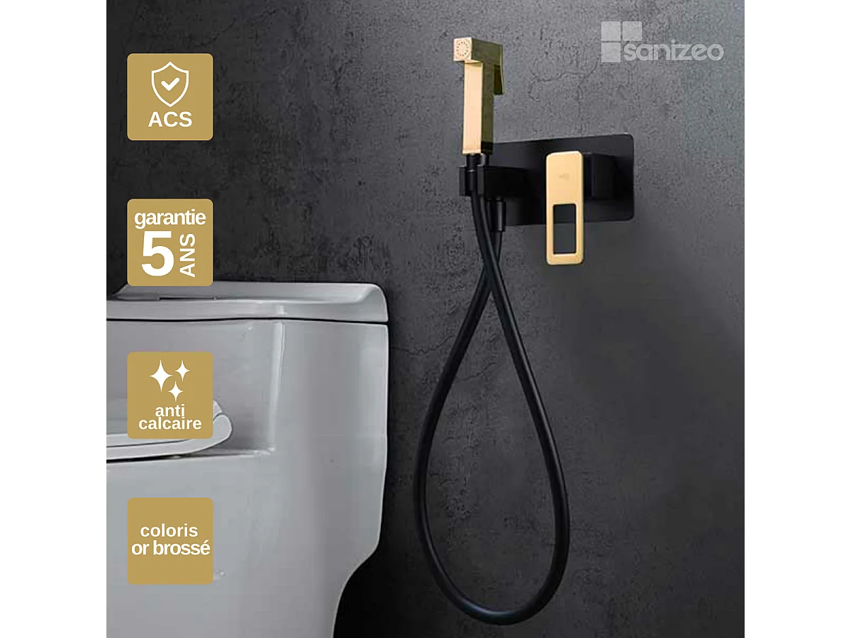 Kit Douchette hygiénique À ENCASTRER,  WC ou Bidet Salle de Bain Noir et Or SUECIA BDC032-5/NGOLD