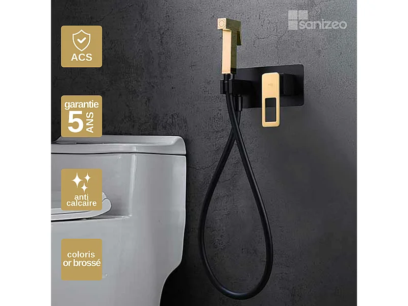 Kit Douchette hygiénique À ENCASTRER,  WC ou Bidet Salle de Bain Noir et Or SUECIA BDC032-5/NGOLD