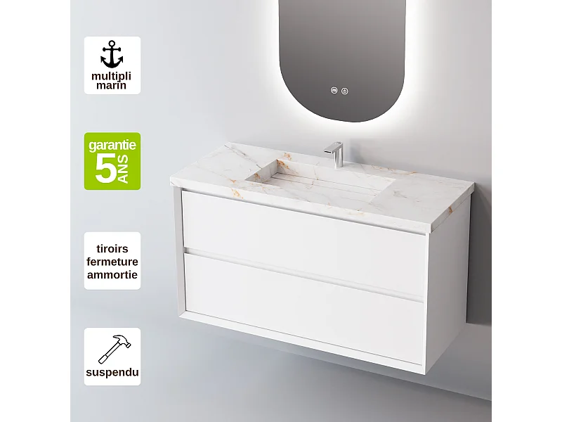 Meuble Salle de Bain COOL  (101 cm x H54 x P45 cm), Plan Vasque Grès Cérame BS, 2 Tiroirs, Laqué Blanc Mat/Noyer