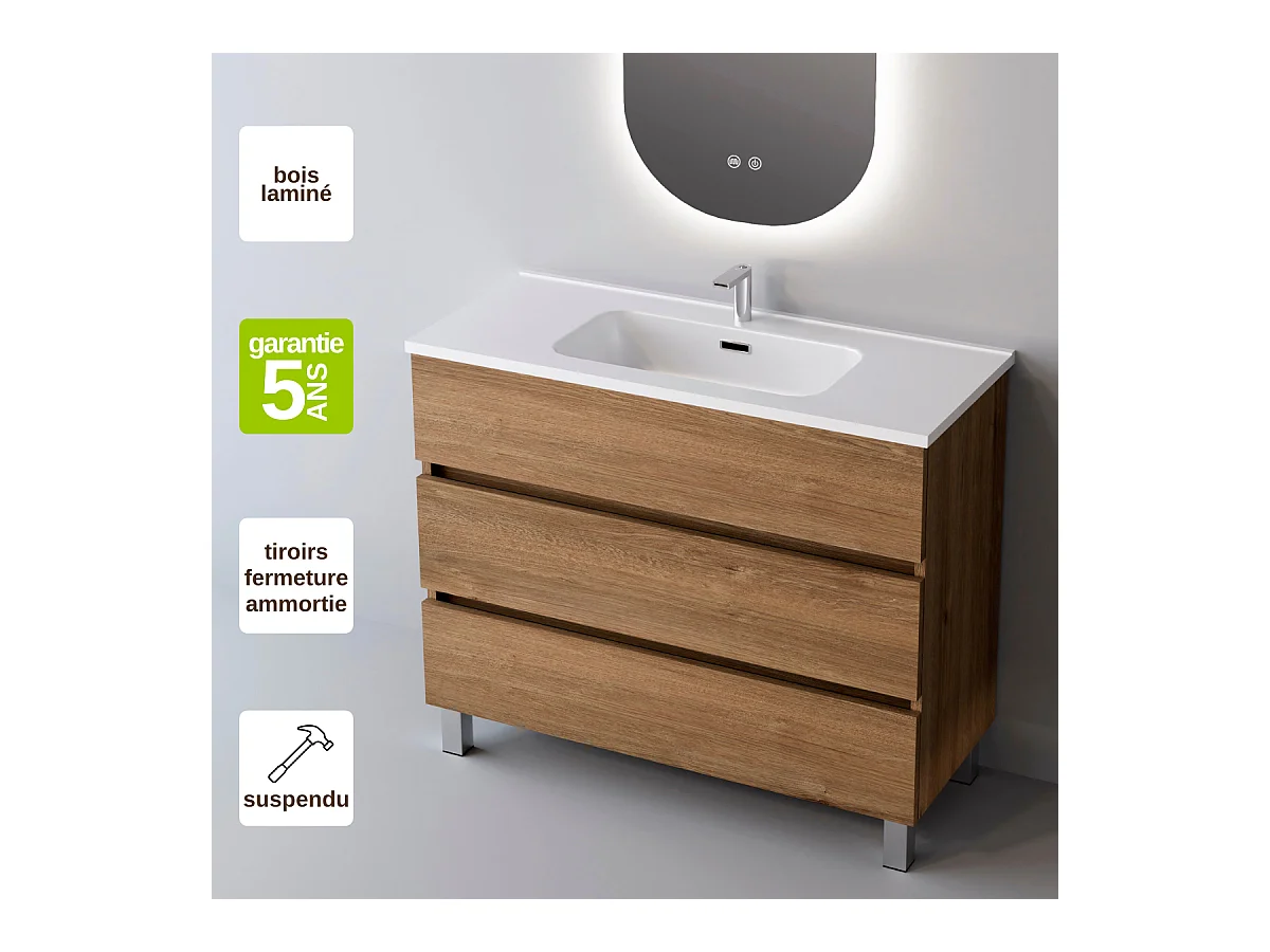 Meuble Salle de Bain ATRANI (61 cm x H90 x P45 cm), Plan Vasque Céramique WB, 3 Tiroirs, Chêne Naturel