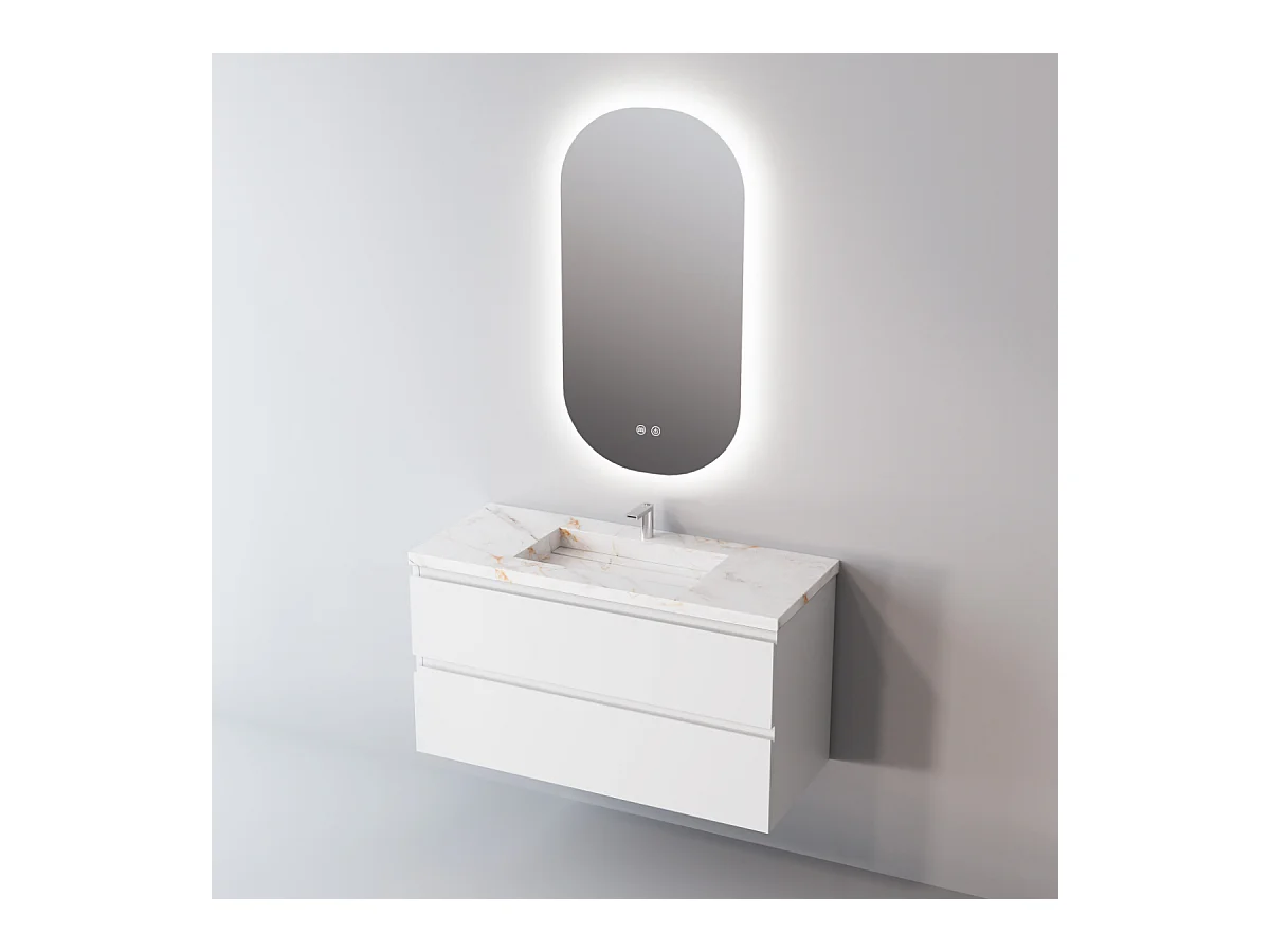 Meuble Salle de Bain STEP (101 cm x H54 x P45 cm), Plan Vasque Solide Surface, 2 Tiroirs, Laqué Blanc Mat