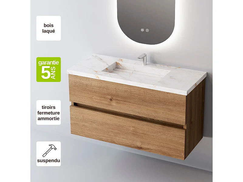 Meuble Salle de Bain ANCONA (81 cm x H54 x P45 cm), Plan Vasque Grès Cérame BS, 2 Tiroirs, Chêne Naturel