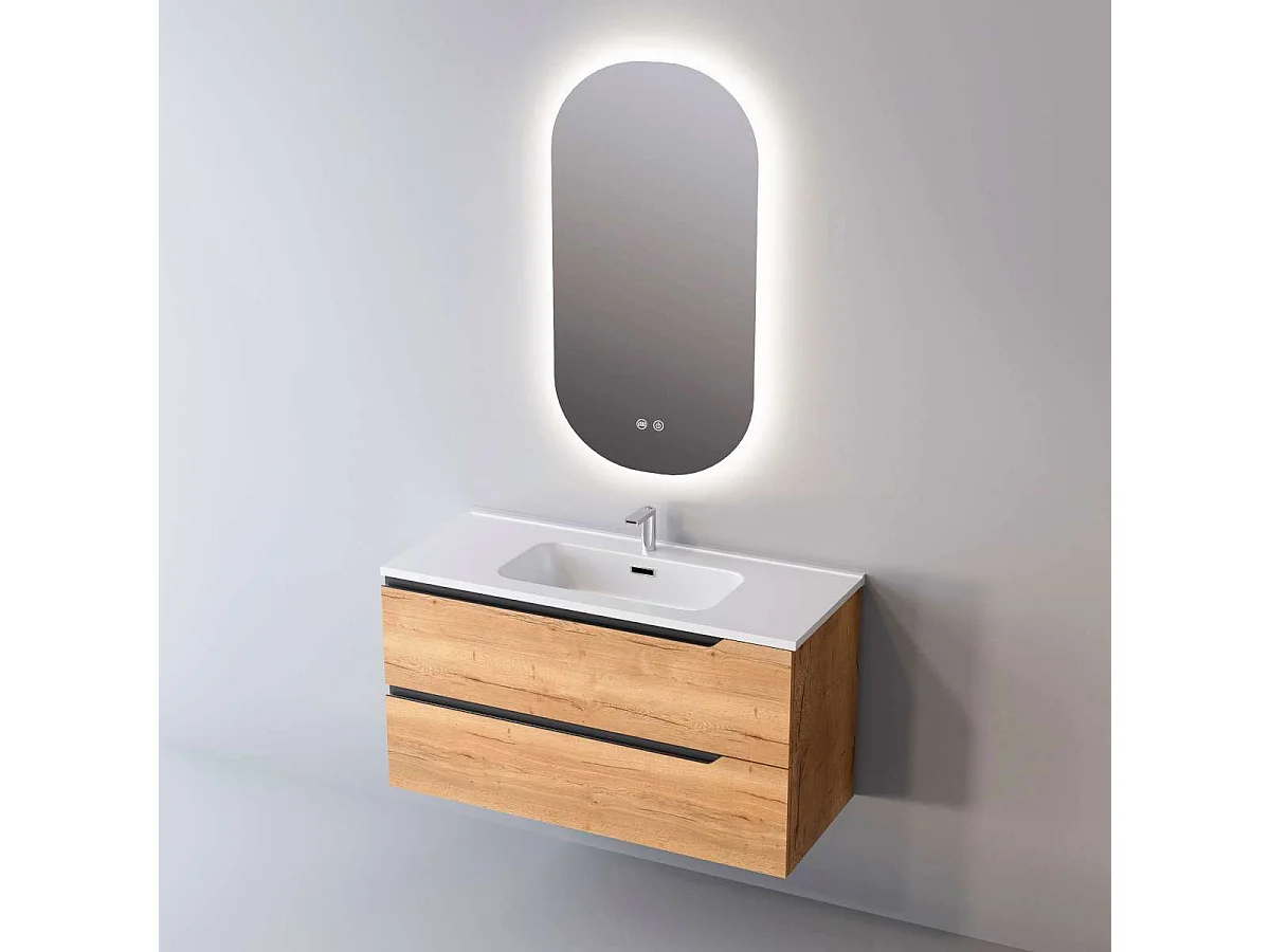 Meuble Salle de Bain DUO (61 cm x H54 x P45 cm), Plan Vasque Solide Surface, 2 Tiroirs, Chêne Clair