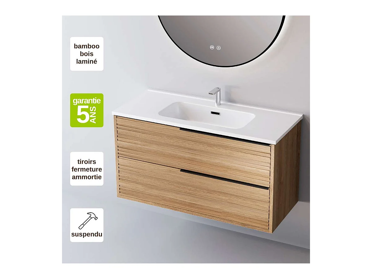 Meuble Salle de Bain BAMBOO (81 cm x H54 x P45 cm), Plan Vasque Céramique WB, 2 Tiroirs Poignée Noir, Chêne Naturel
