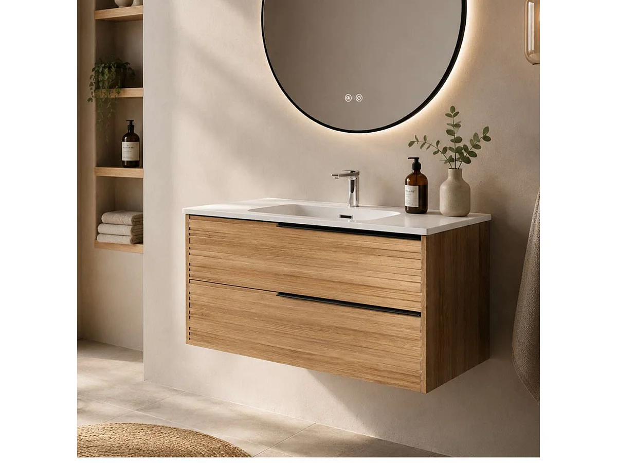 Meuble Salle de Bain BAMBOO 80cm, Plan Vasque Céramique, 2 Tiroirs Poignée Noir, Finition Chêne Naturel, H 54cm x P 45cm
