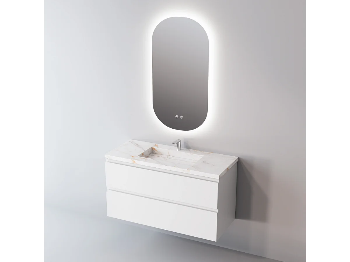 Meuble Salle de Bain STEP (101 cm x H54 x P45 cm), Plan Vasque Grès Cérame BS, 2 Tiroirs, Finition Chêne Clair