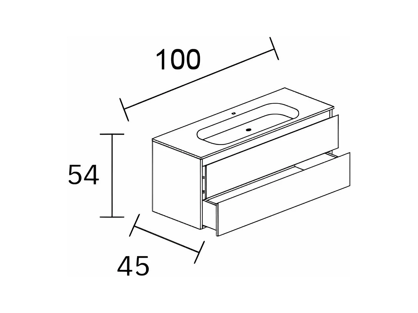 Meuble Salle de Bain REEL (101 cm x H54 x P45 cm), Plan Vasque Solide Surface, 2 Tiroirs Impression 3D Poignée Noir, Chêne Moyen