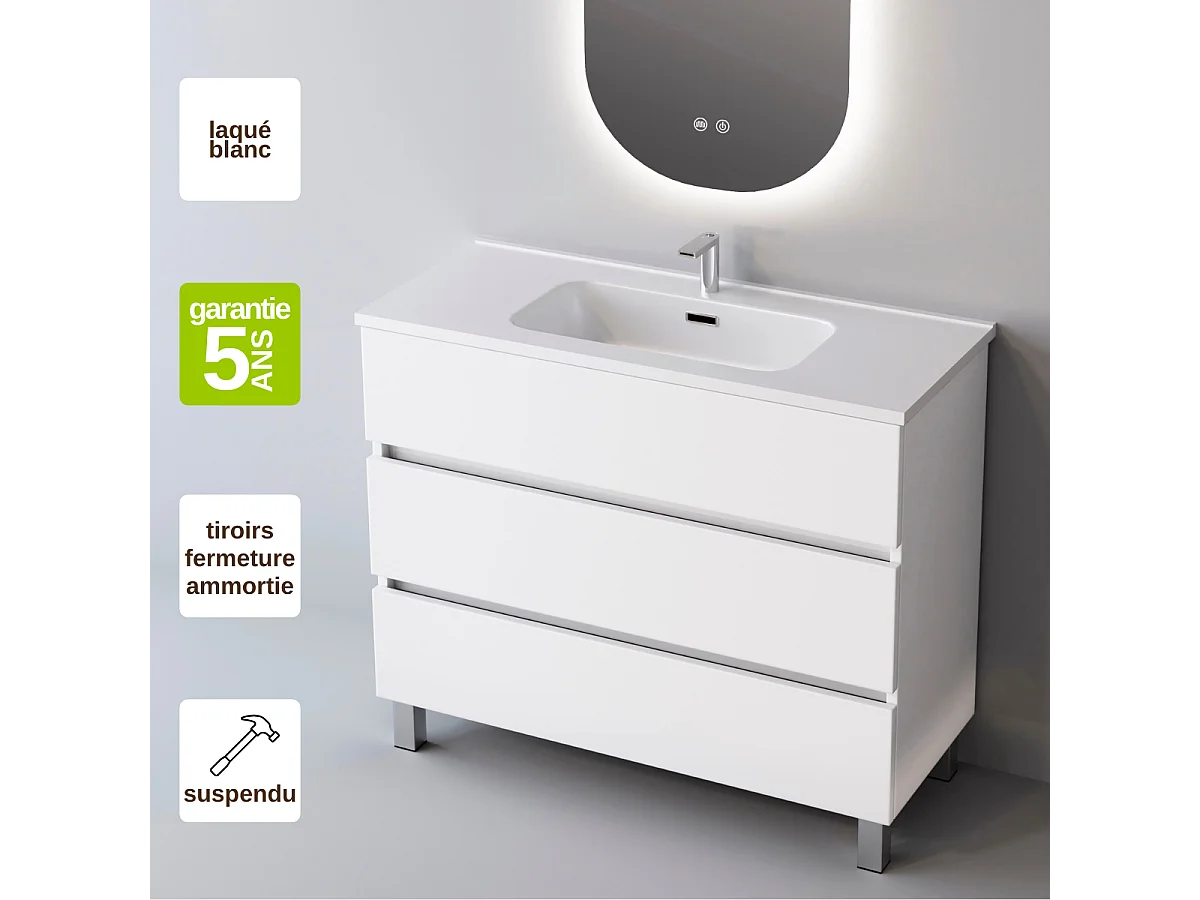 Meuble Salle de Bain ATRANI (101 cm x H90 x P45 cm), Plan Vasque Solide Surface, 3 Tiroirs, Blanc Brillant