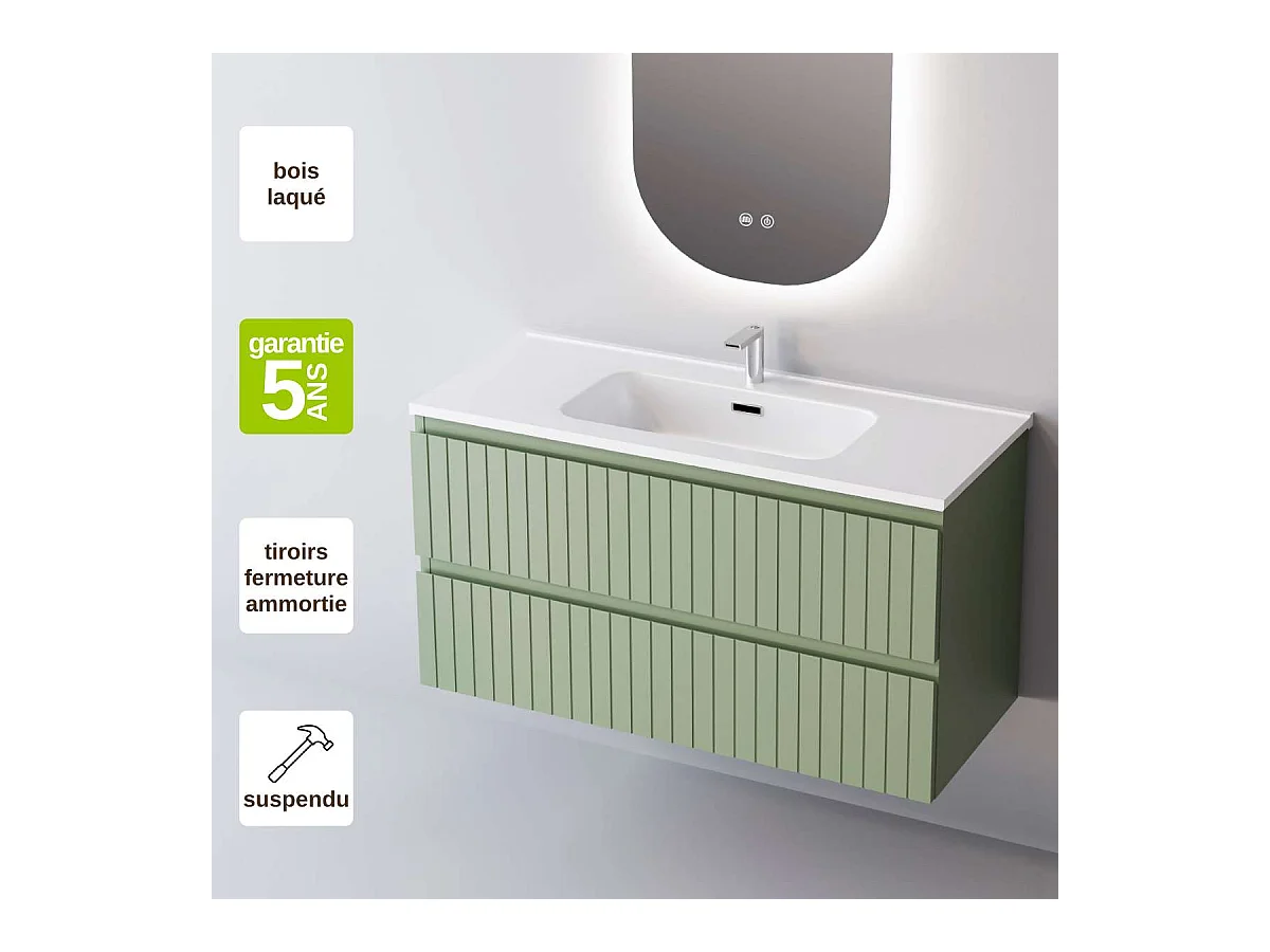 Meuble Salle de Bain GLOW (101 cm x H54 x P45 cm), Plan Vasque Solide Surface, 2 Tiroirs, Laqué Vert Mint Mat