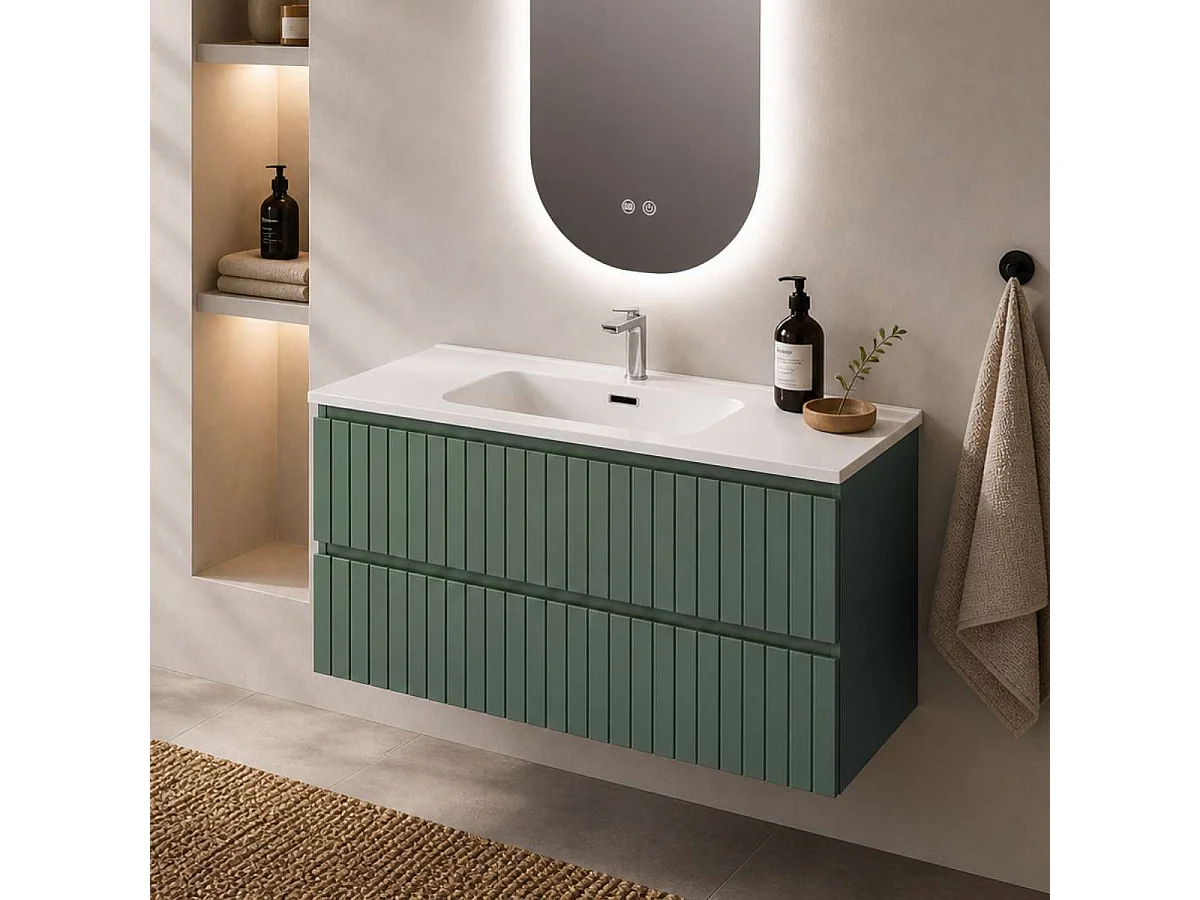 Meuble Salle de Bain GLOW 100cm, Plan Vasque Solid Surface, 2 Tiroirs, Laqué Vert Mint, H 54cm x P 45cm