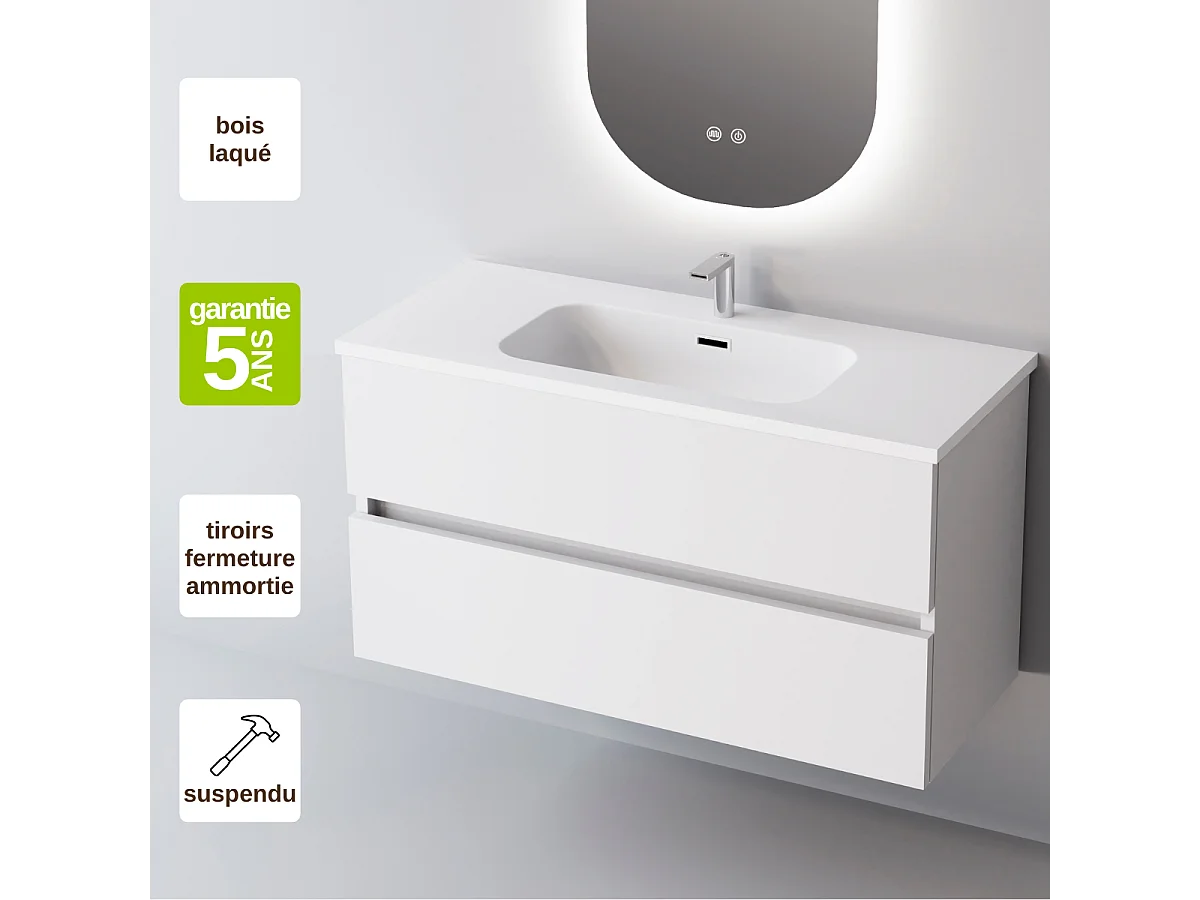 Meuble Salle de Bain ANCONA (81 cm x H54 x P45 cm), Plan Vasque Solide Surface, 2 Tiroirs, Blanc Brillant