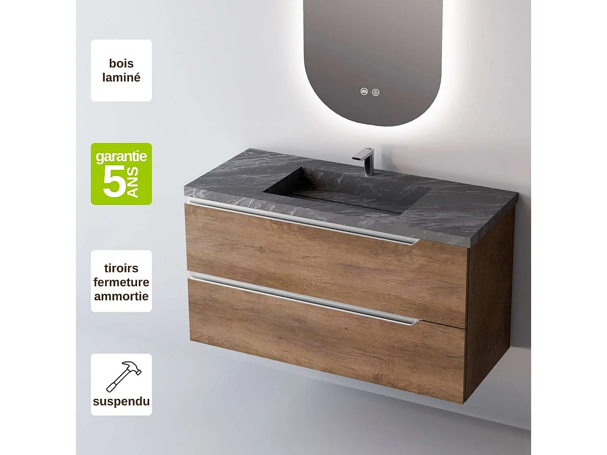 Meuble Salle de Bain DUO (61 cm x H54 x P45 cm), Plan Vasque Grès Cérame NA, 2 Tiroirs, Chêne Foncé