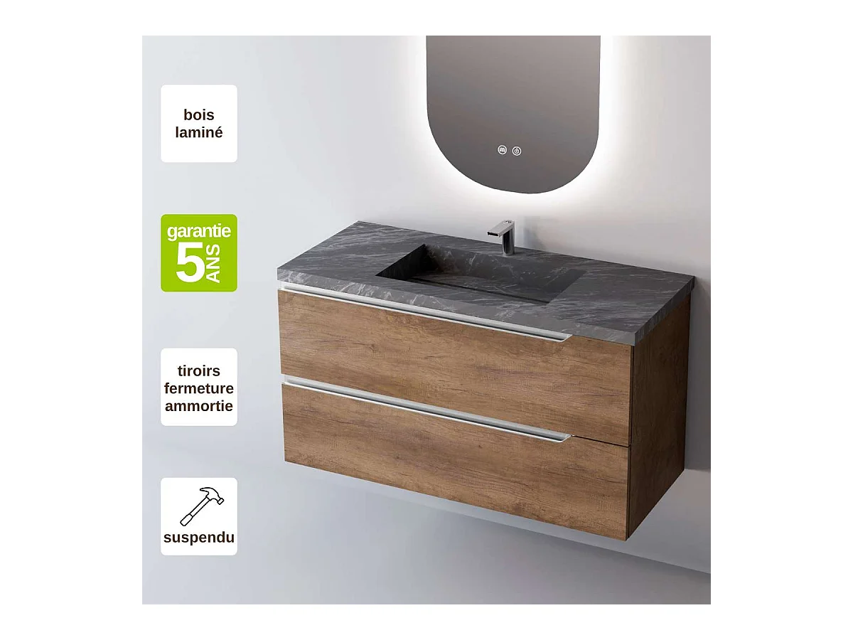 Meuble Salle de Bain DUO (61 cm x H54 x P45 cm), Plan Vasque Grès Cérame NA, 2 Tiroirs, Chêne Foncé