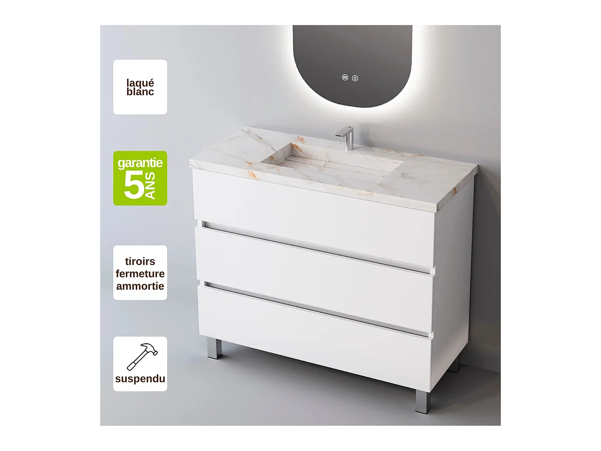 Meuble Salle de Bain ATRANI (81 cm x H90 x P45 cm), Plan Vasque Grès Cérame BS, 3 Tiroirs, Chêne Naturel