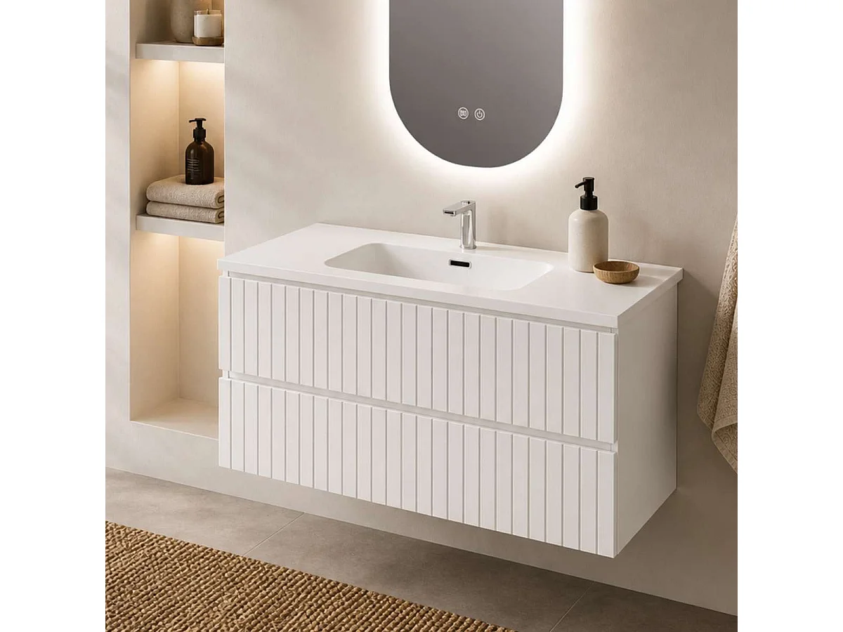 Meuble Salle de Bain GLOW 80cm, Plan Vasque Grès Cérame, 2 Tiroirs, Laqué Blanc Mat, H 54cm x P 45cm