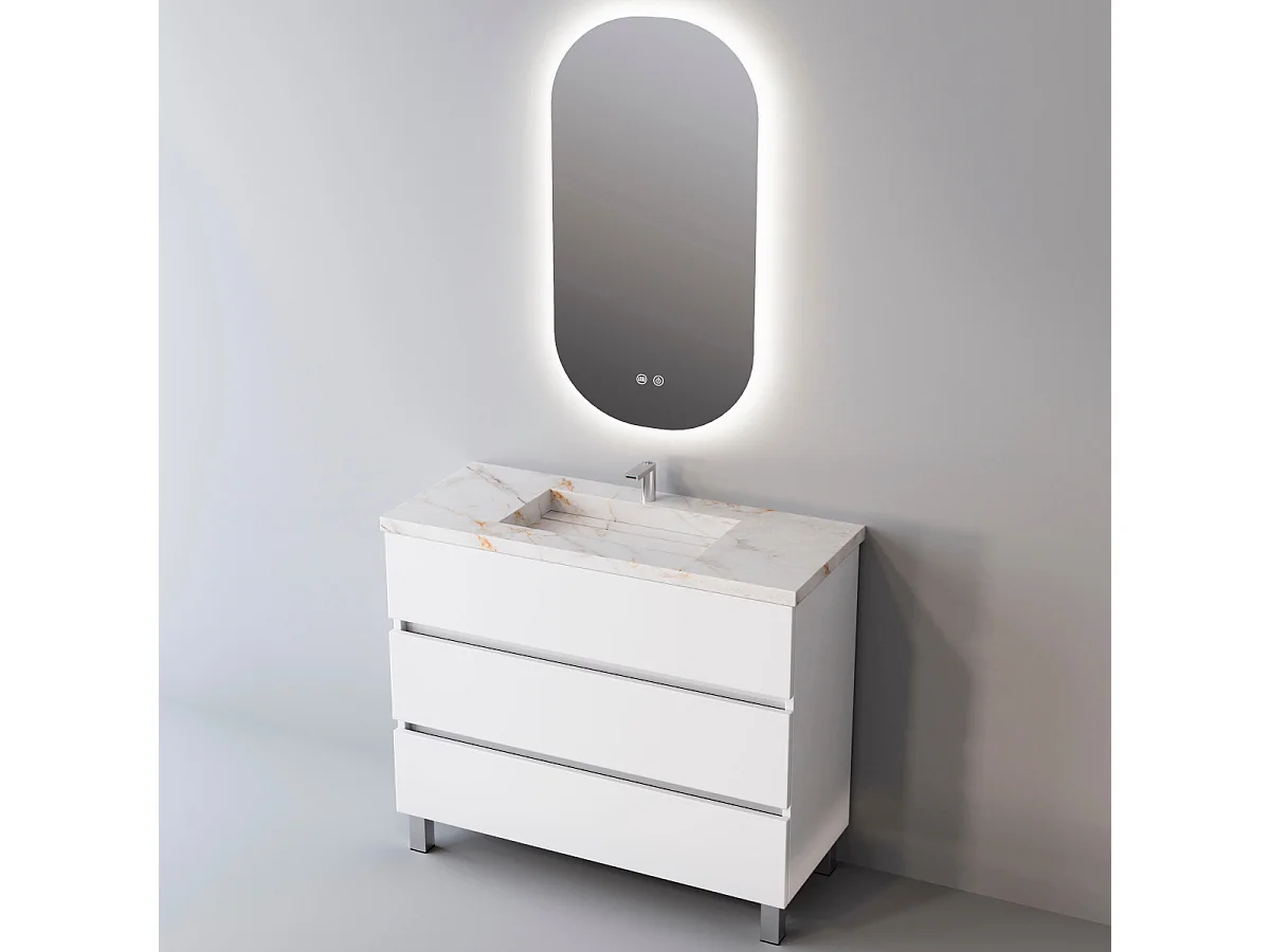 Meuble Salle de Bain ATRANI (61 cm x H90 x P45 cm), Plan Vasque Grès Cérame BS, 3 Tiroirs, Chêne Naturel