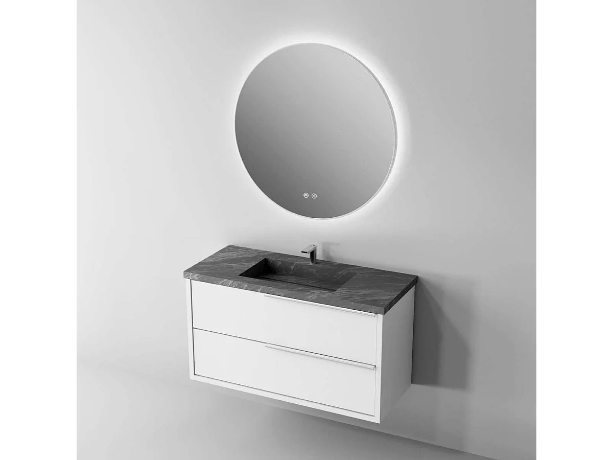 Meuble Salle de Bain LIKE (61 cm x H54 x P45 cm), Plan Vasque Grès Cérame NA, 2 Tiroirs Poignée Inox Satiné, Laqué Blanc Mat