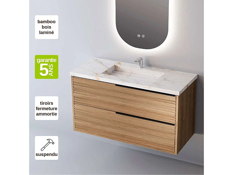Meuble Salle de Bain BAMBOO (61 cm x H54 x P45 cm), Plan Vasque Grès Cérame BS, 2 Tiroirs Poignée Noir, Chêne Naturel