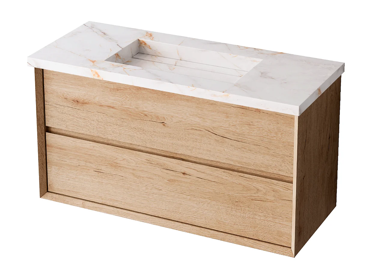 Meuble Salle de Bain COOL  (61 cm x H54 x P45 cm), Plan Vasque Grès Cérame BS, 2 Tiroirs, Chêne Naturel