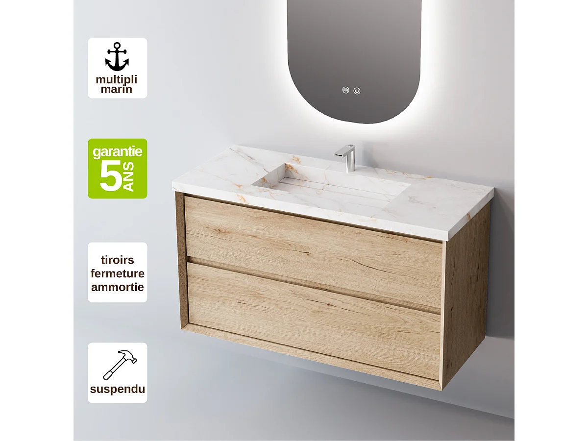 Meuble Salle de Bain COOL 60cm, Plan Vasque Grès Cérame, 2 Tiroirs, Finition Chêne Naturel, H 54cm x P 45cm