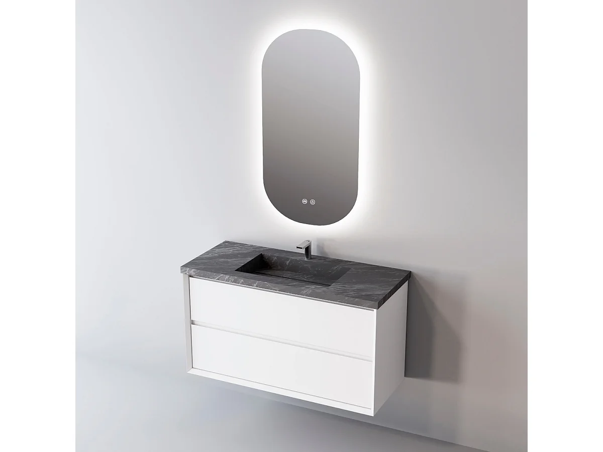 Meuble Salle de Bain COOL  (101 cm x H54 x P45 cm), Plan Vasque Grès Cérame NA, 2 Tiroirs, Laqué Blanc Mat/Noyer