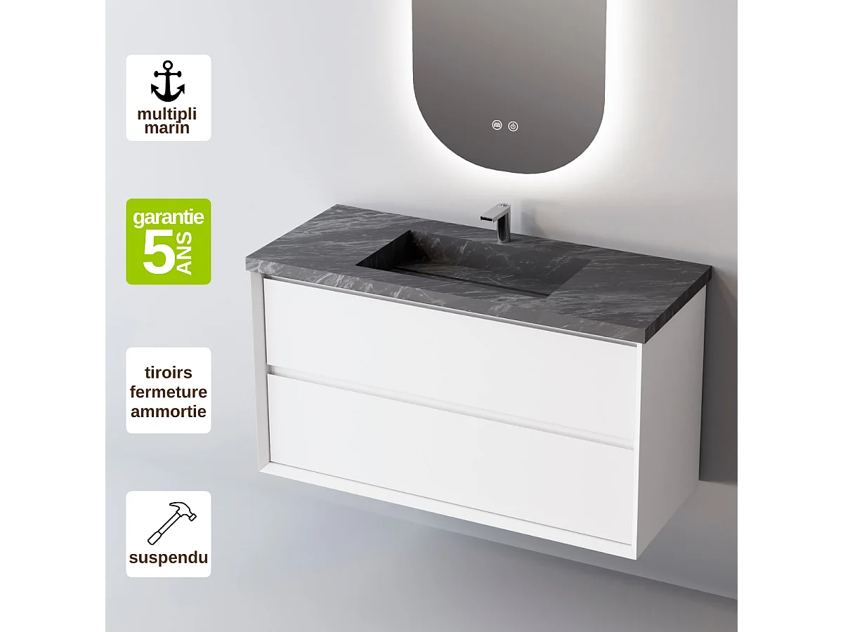 Meuble Salle de Bain COOL 100cm, Plan Vasque Grès Cérame, 2 Tiroirs, Laqué Blanc Mat, H 54cm x P 45cm