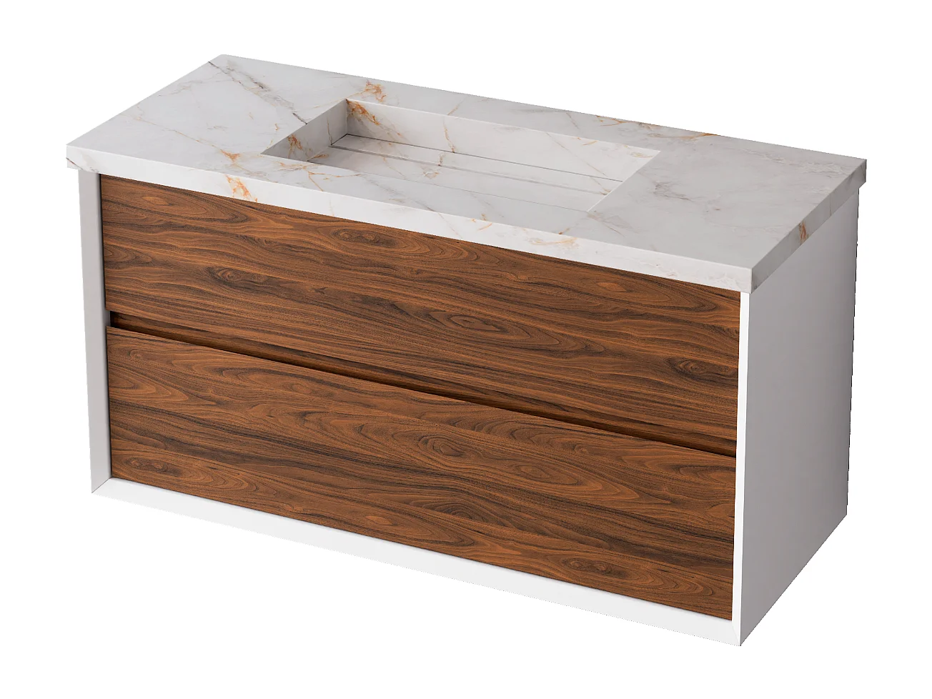 Meuble Salle de Bain COOL  (101 cm x H54 x P45 cm), Plan Vasque Grès Cérame BS, 2 Tiroirs, Laqué Blanc Mat/Noyer