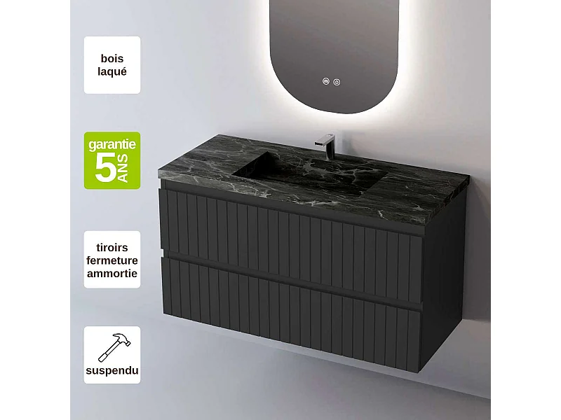 Meuble Salle de Bain GLOW (81 cm x H54 x P45 cm), Plan Vasque Grès Cérame NA, 2 Tiroirs, Laqué Noir Mat