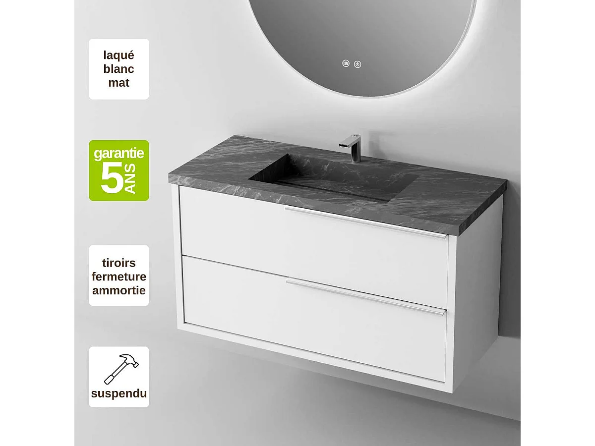 Meuble Salle de Bain LIKE 80cm, Plan Vasque Grès Cérame, 2 Tiroirs Poignée Inox Satiné, Laqué Blanc Mat, H 54cm x P 45cm