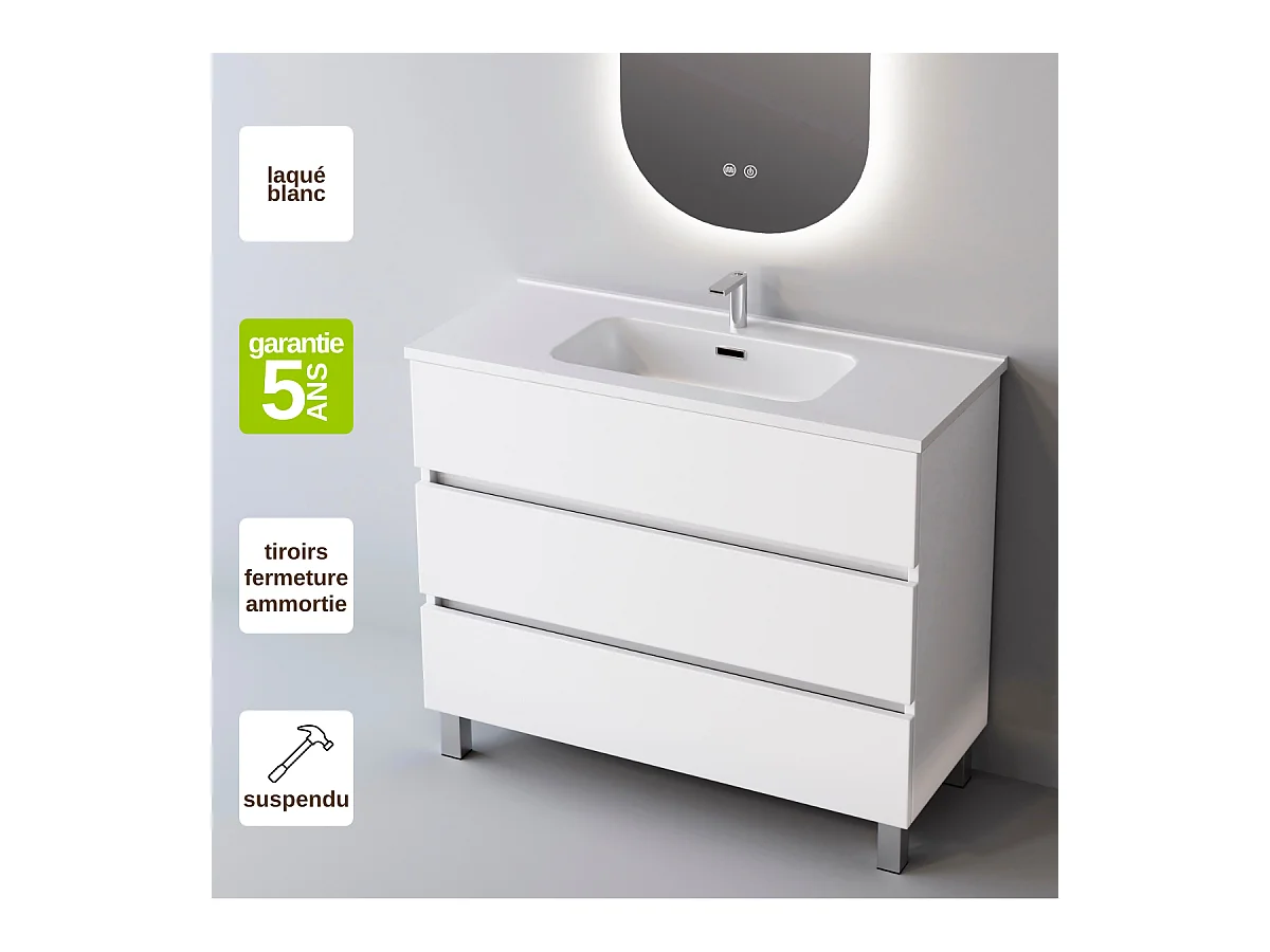 Meuble Salle de Bain ATRANI (101 cm x H90 x P45 cm), Plan Vasque Céramique WB, 3 Tiroirs, Blanc Brillant