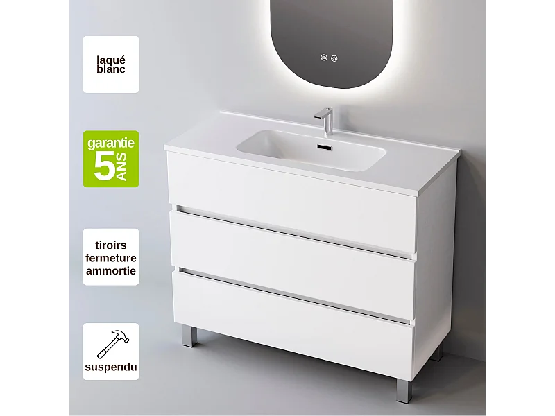 Meuble Salle de Bain ATRANI (101 cm x H90 x P45 cm), Plan Vasque Céramique WB, 3 Tiroirs, Blanc Brillant