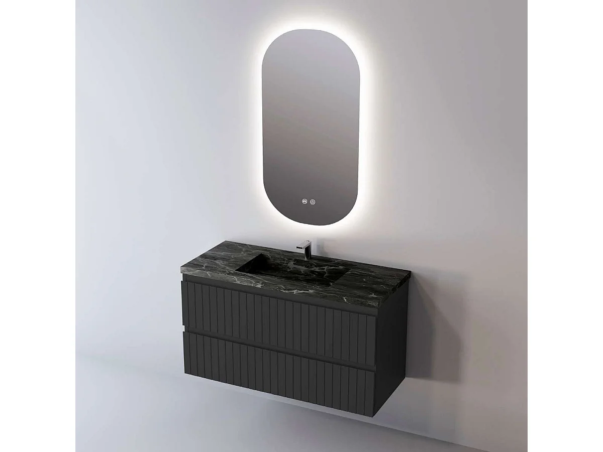 Meuble Salle de Bain GLOW (61 cm x H54 x P45 cm), Plan Vasque Grès Cérame NA, 2 Tiroirs, Laqué Noir Mat