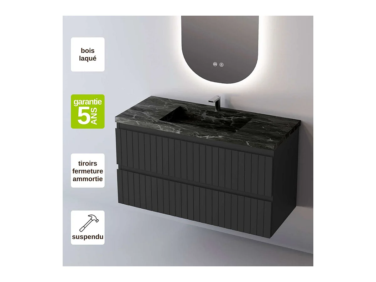 Meuble Salle de Bain GLOW (61 cm x H54 x P45 cm), Plan Vasque Grès Cérame NA, 2 Tiroirs, Laqué Noir Mat